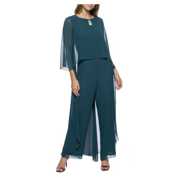 Marina Chiffon Jumpsuit: Embellished Keyhole, Boat Neck, 3/4 Sleeves, Sz 14 Blue - Picture 5 of 16
